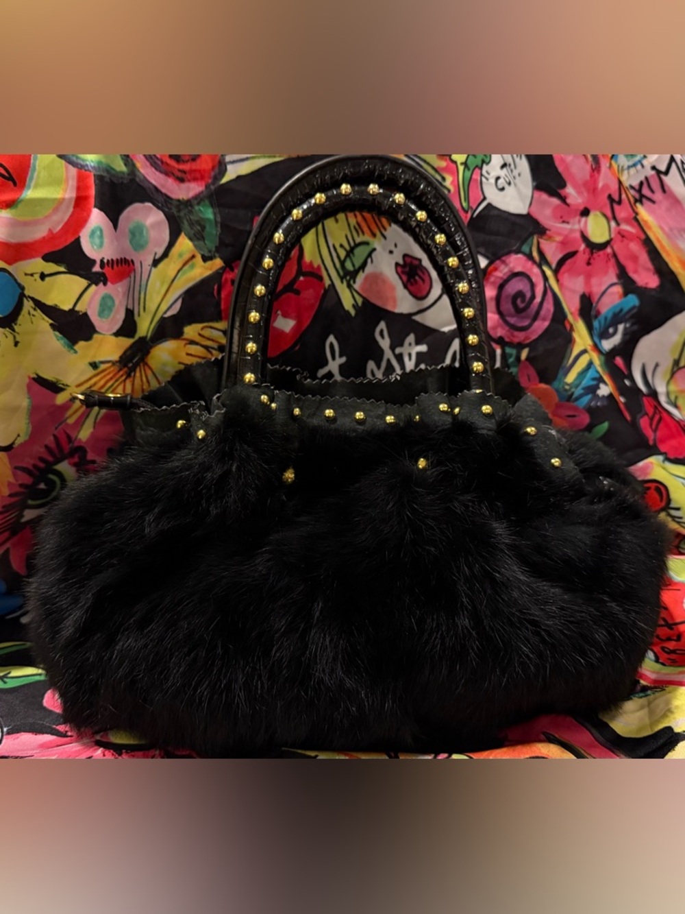 Black Faux Fur Studded Top-Handle Bag, one-of-a-kind 💫